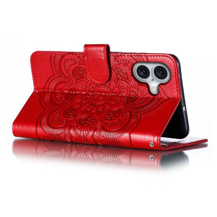 For iPhone 16 Plus Case PU Leather Mandala Imprinted Design Wallet Phone Cover - Red