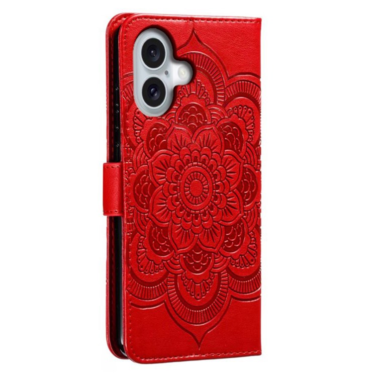 For iPhone 16 Plus Case PU Leather Mandala Imprinted Design Wallet Phone Cover - Red