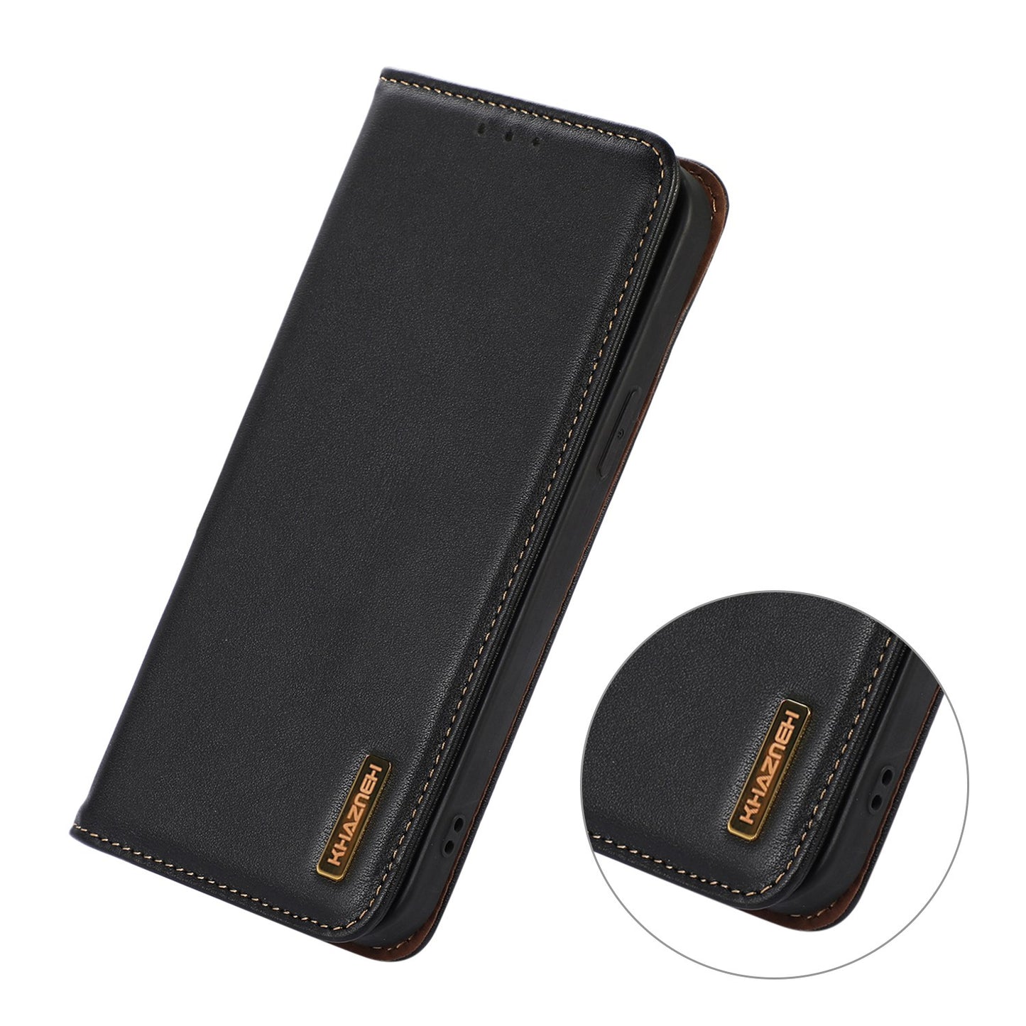 KHAZNEH For Samsung Galaxy A06 Case Genuine Cow Leather Wallet Phone Cover Nappa Texture - Black