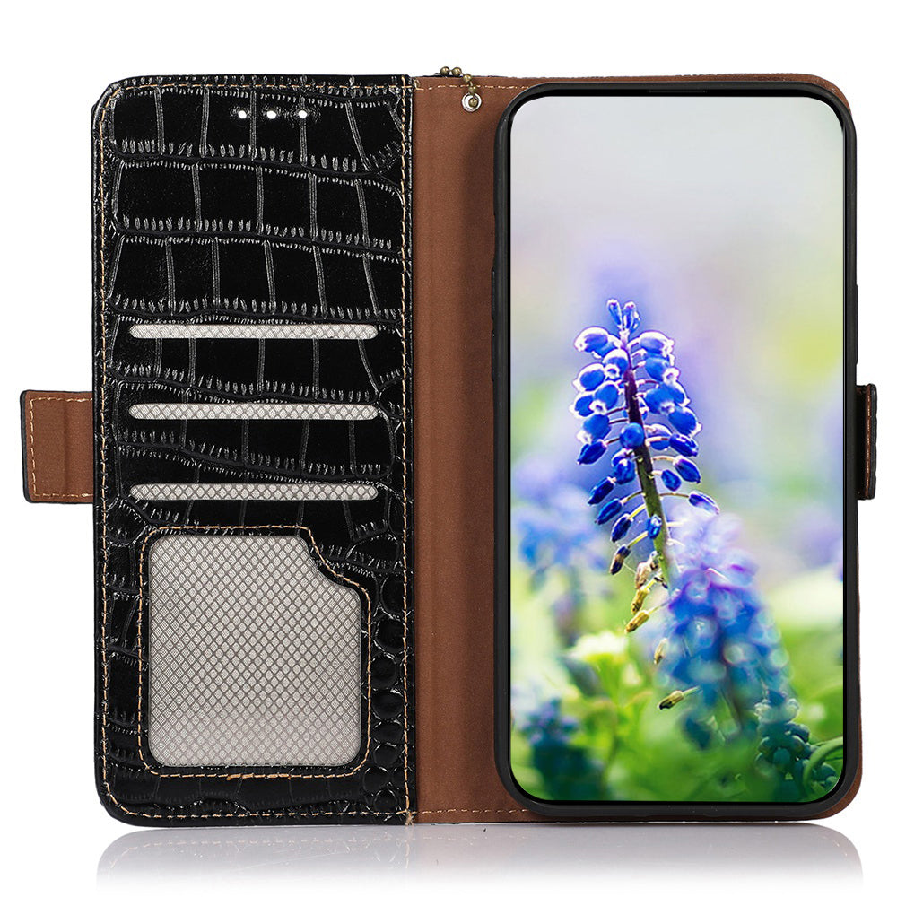 For Samsung Galaxy A06 Case Crocodile Texture Genuine Cow Leather Phone Wallet Cover - Black