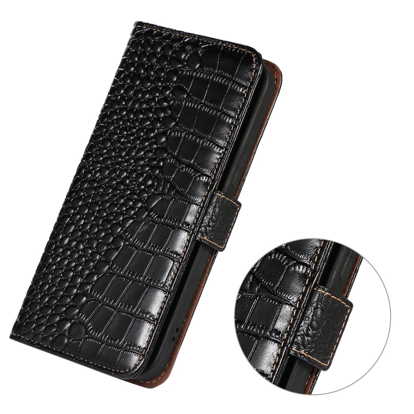 For Samsung Galaxy A06 Case Crocodile Texture Genuine Cow Leather Phone Wallet Cover - Black