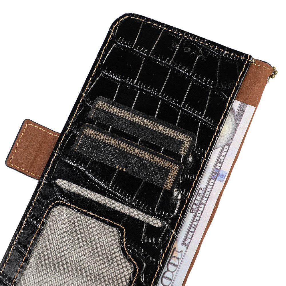 For Samsung Galaxy A06 Case Crocodile Texture Genuine Cow Leather Phone Wallet Cover - Black