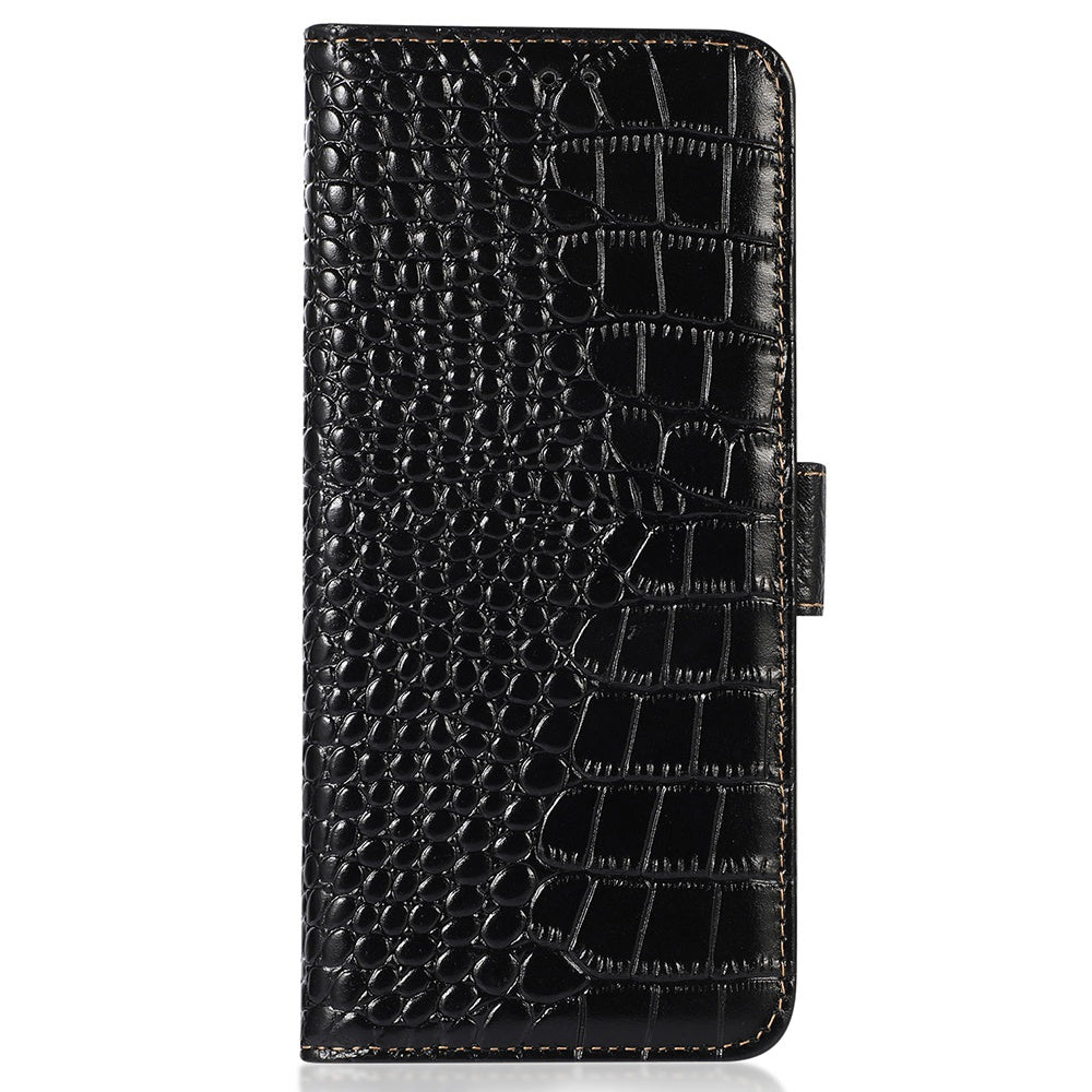 For Samsung Galaxy A06 Case Crocodile Texture Genuine Cow Leather Phone Wallet Cover - Black
