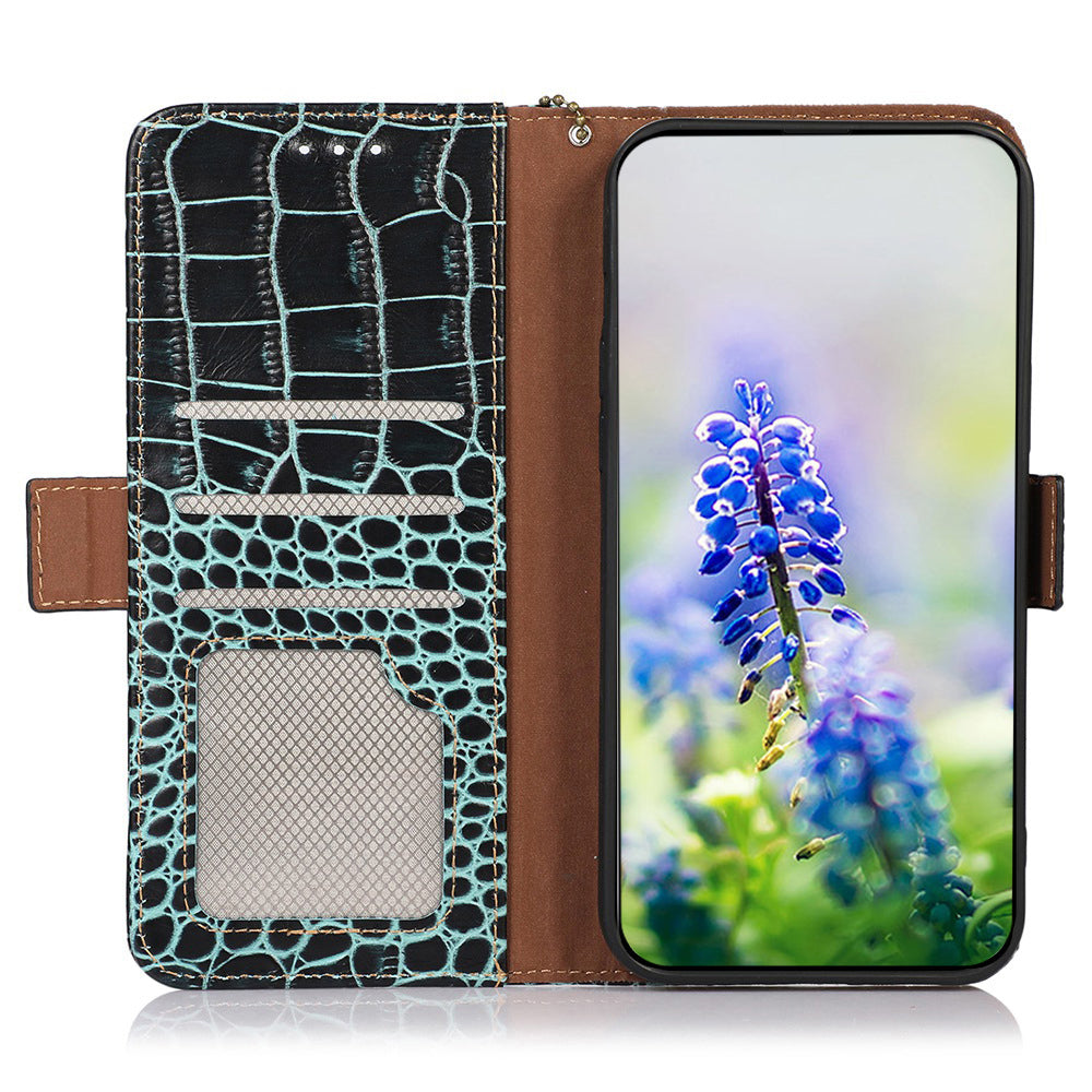 For Samsung Galaxy A06 Case Crocodile Texture Genuine Cow Leather Phone Wallet Cover - Green