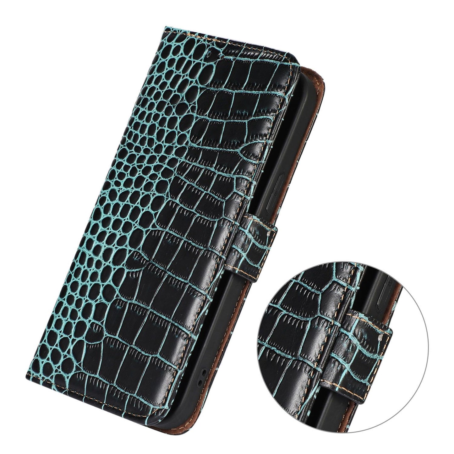 For Samsung Galaxy A06 Case Crocodile Texture Genuine Cow Leather Phone Wallet Cover - Green