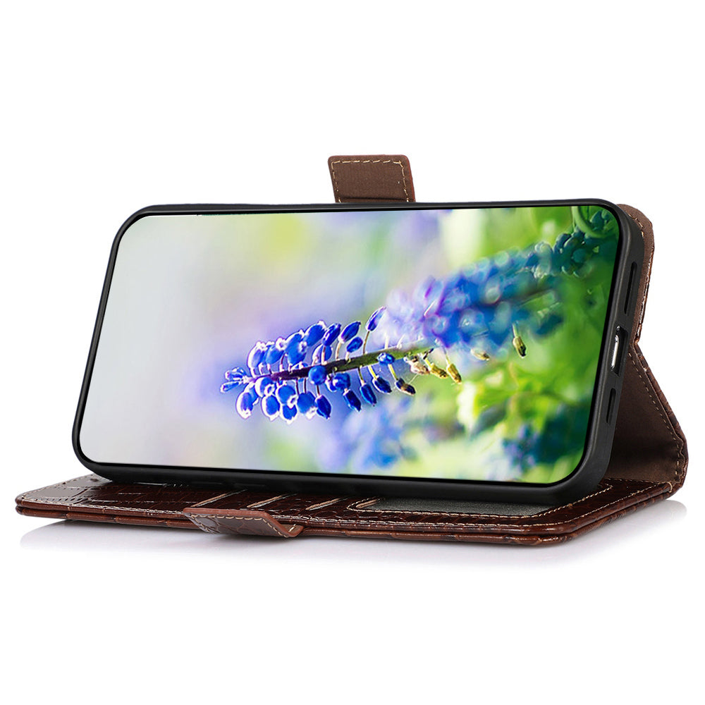 For Samsung Galaxy A06 Case Crocodile Texture Genuine Cow Leather Phone Wallet Cover - Brown