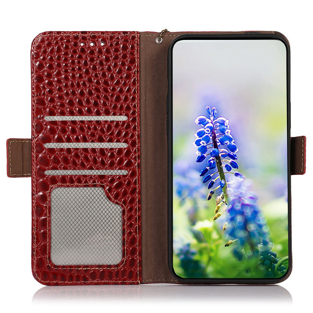 For Samsung Galaxy A06 Case Crocodile Texture Genuine Cow Leather Phone Wallet Cover - Red