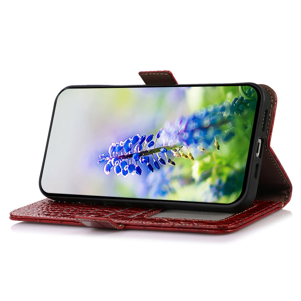 For Samsung Galaxy A06 Case Crocodile Texture Genuine Cow Leather Phone Wallet Cover - Red