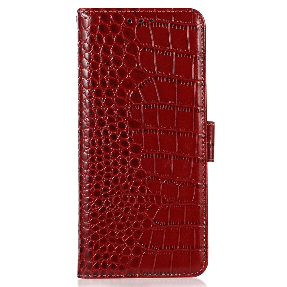 For Samsung Galaxy A06 Case Crocodile Texture Genuine Cow Leather Phone Wallet Cover - Red