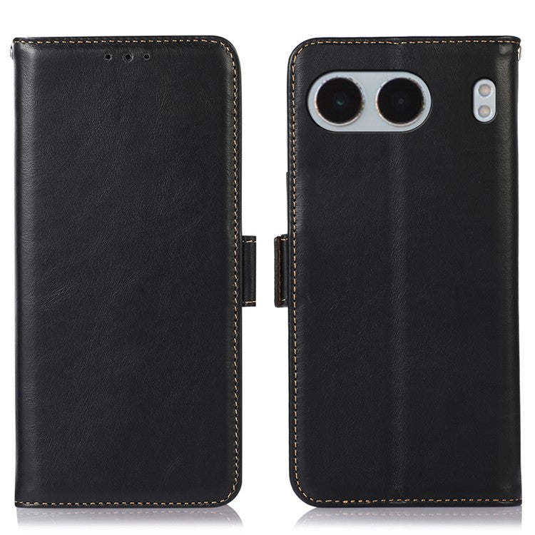 For OnePlus Nord 4 Case RFID Blocking Genuine Cow Leather Wallet Phone Cover - Black