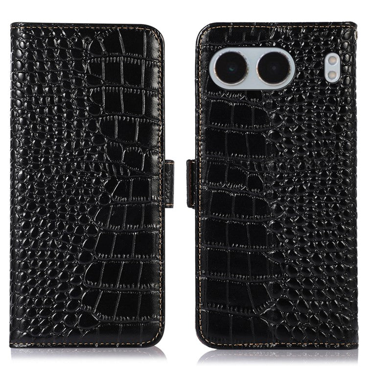 For OnePlus Nord 4 Case Crocodile Texture Genuine Cow Leather Phone Wallet Cover - Black