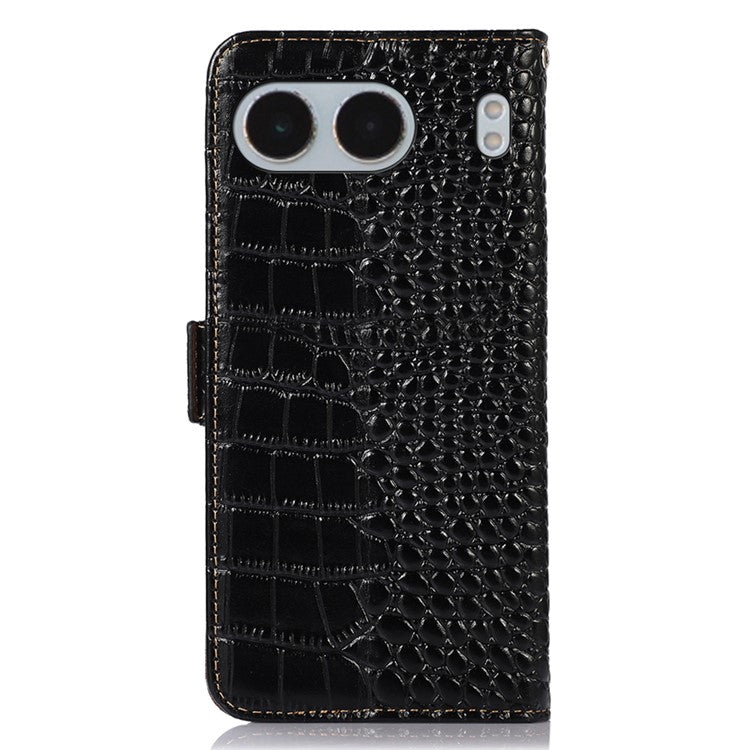 For OnePlus Nord 4 Case Crocodile Texture Genuine Cow Leather Phone Wallet Cover - Black