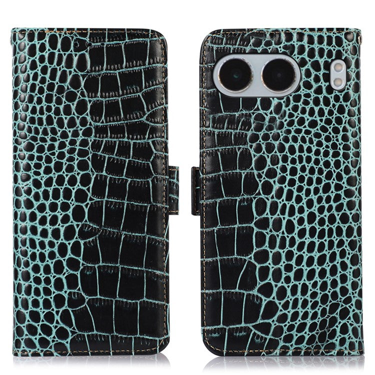 For OnePlus Nord 4 Case Crocodile Texture Genuine Cow Leather Phone Wallet Cover - Green
