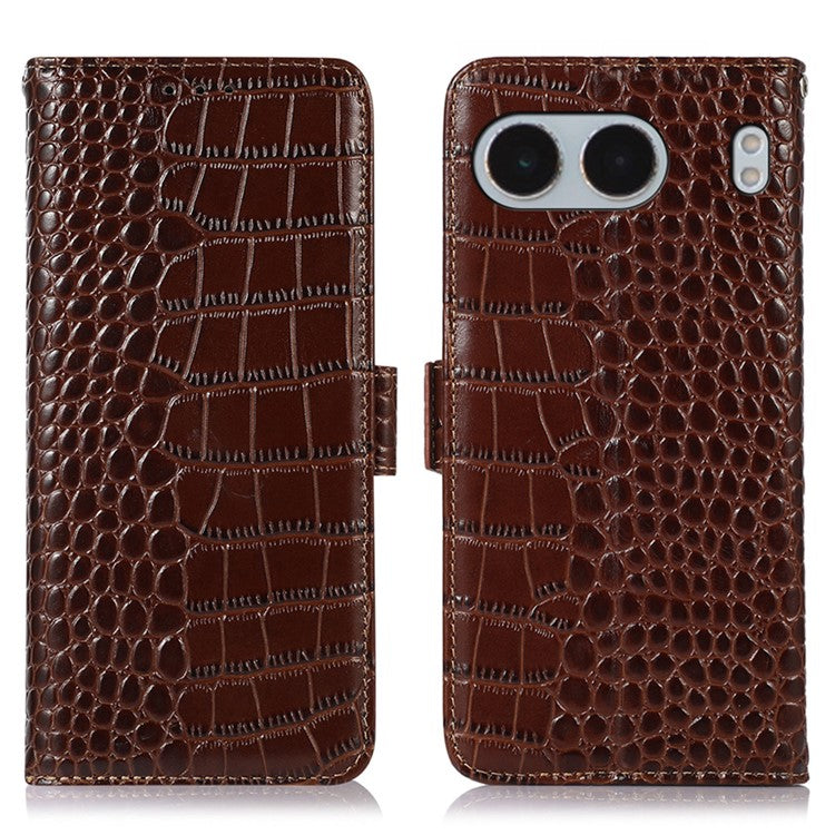For OnePlus Nord 4 Case Crocodile Texture Genuine Cow Leather Phone Wallet Cover - Brown