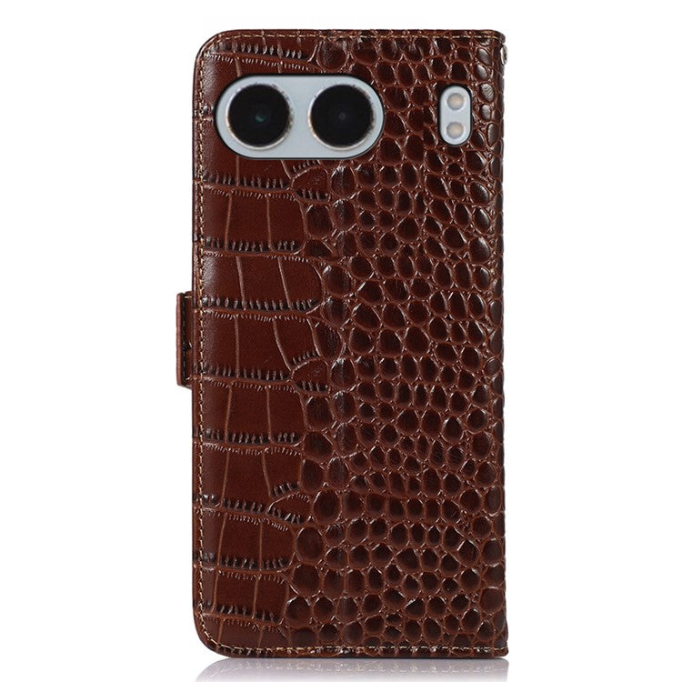 For OnePlus Nord 4 Case Crocodile Texture Genuine Cow Leather Phone Wallet Cover - Brown