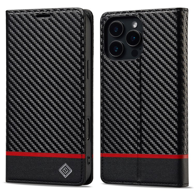 LC.IMEEKE For iPhone 16 Pro Case Carbon Fiber Texture Phone Cover Stand Card Holder - Horizontal Stripe
