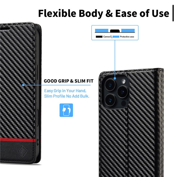LC.IMEEKE For iPhone 16 Pro Case Carbon Fiber Texture Phone Cover Stand Card Holder - Horizontal Stripe