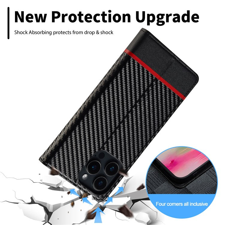 LC.IMEEKE For iPhone 16 Pro Case Carbon Fiber Texture Phone Cover Stand Card Holder - Horizontal Stripe