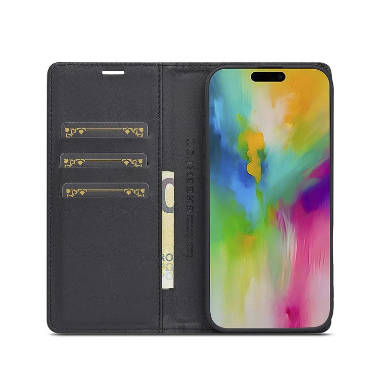 LC.IMEEKE For iPhone 16 Case Carbon Fiber Texture Phone Cover Stand Card Holder - Vertical Stripe