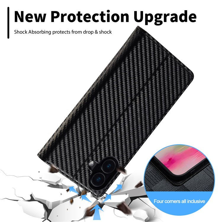 LC.IMEEKE For iPhone 16 Case Carbon Fiber Texture Phone Cover Stand Card Holder - Vertical Stripe