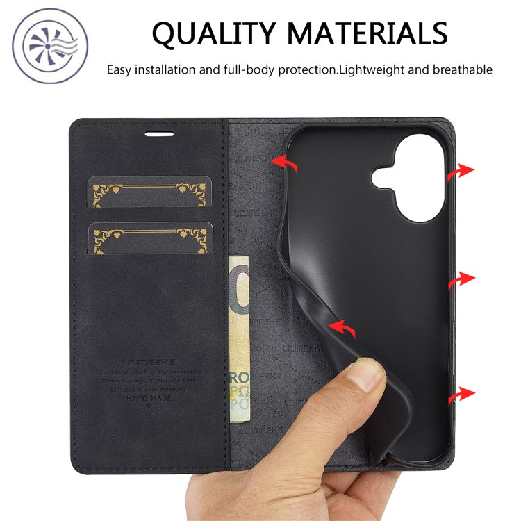 LC.IMEEKE For iPhone 16 Plus Case Wallet Microfiber Leather Phone Cover - Black