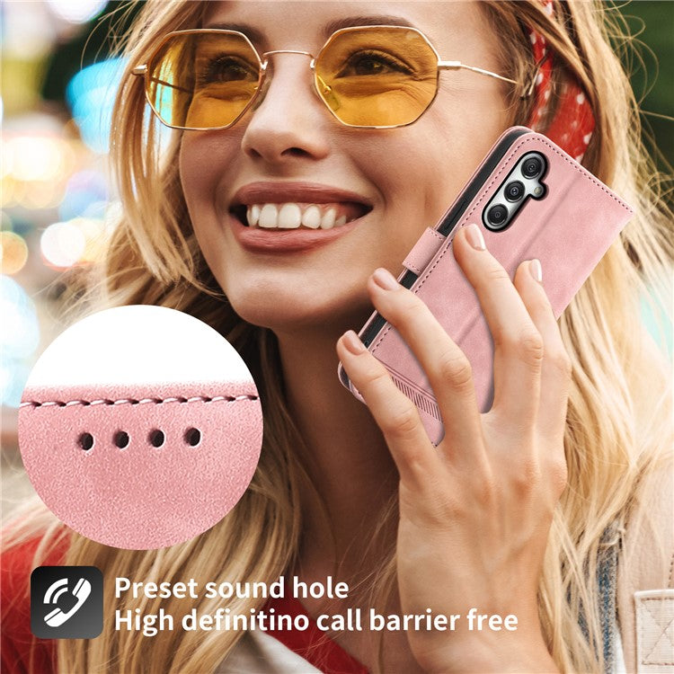 DIERFENG DF-03 For Samsung Galaxy M35 5G Leather Case Lines Imprint Wallet Phone Cover - Pink