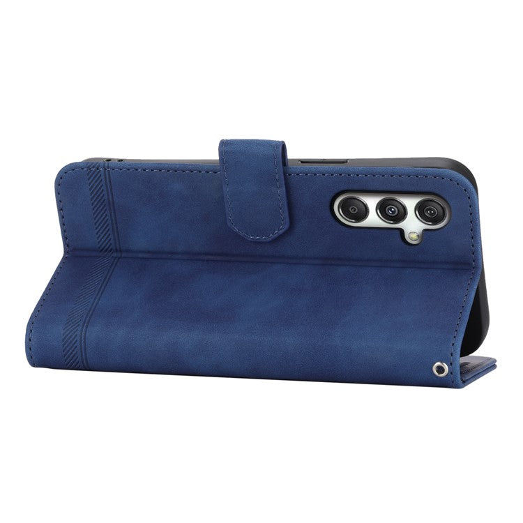 DIERFENG DF-03 For Samsung Galaxy M35 5G Leather Case Lines Imprint Wallet Phone Cover - Blue