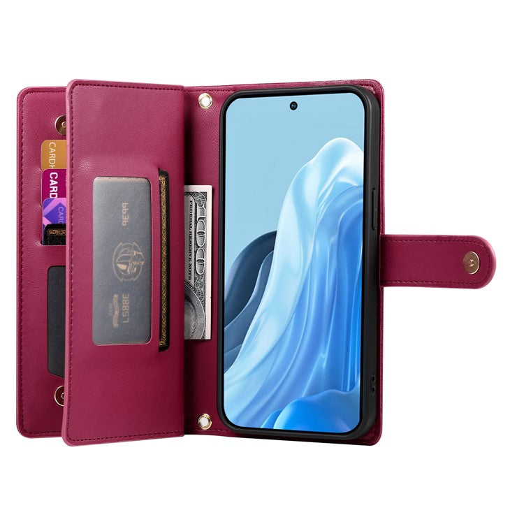 DF-011 For Samsung Galaxy M35 5G Case Zipper Pocket Wallet Leather Phone Cover with Straps - Red