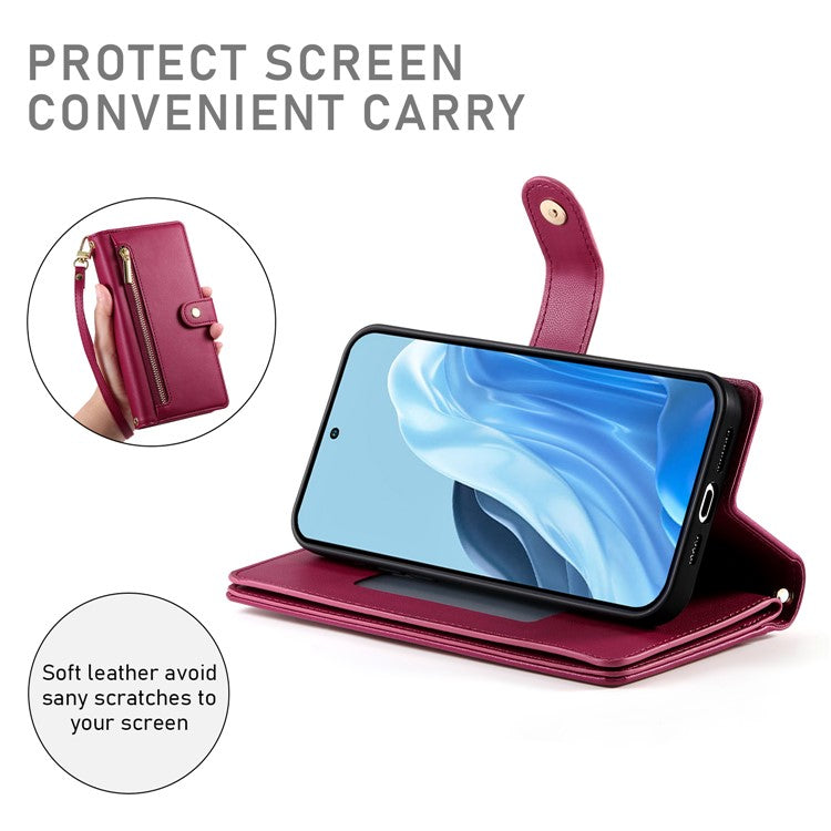 DF-011 For Samsung Galaxy M35 5G Case Zipper Pocket Wallet Leather Phone Cover with Straps - Red
