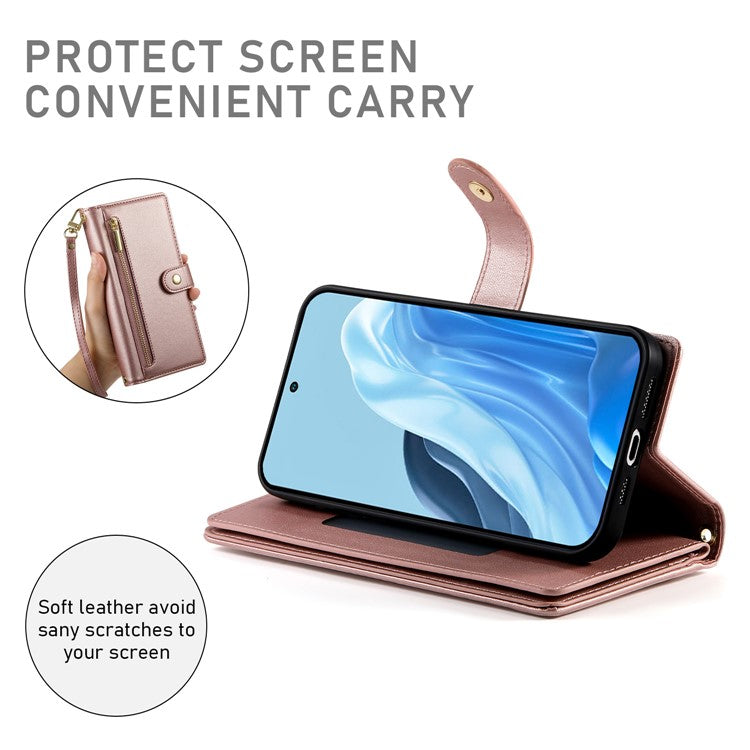 DF-011 For Samsung Galaxy M35 5G Case Zipper Pocket Wallet Leather Phone Cover with Straps - Pink