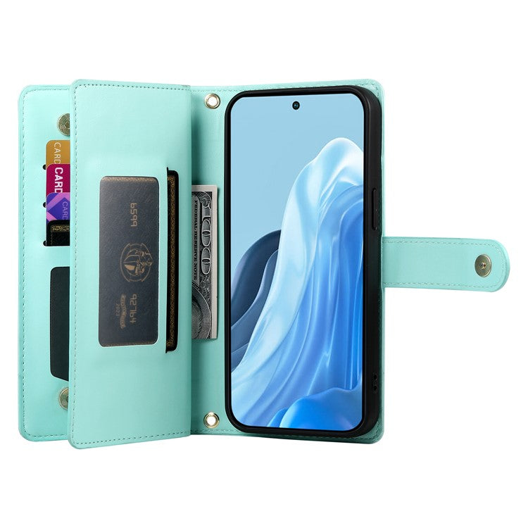 DF-011 For Samsung Galaxy M35 5G Case Zipper Pocket Wallet Leather Phone Cover with Straps - Mint Green