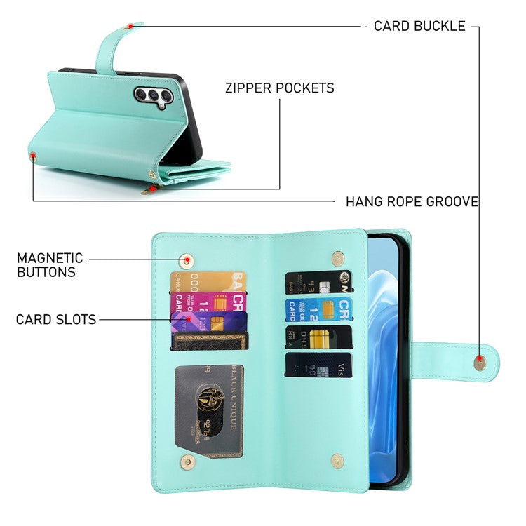 DF-011 For Samsung Galaxy M35 5G Case Zipper Pocket Wallet Leather Phone Cover with Straps - Mint Green