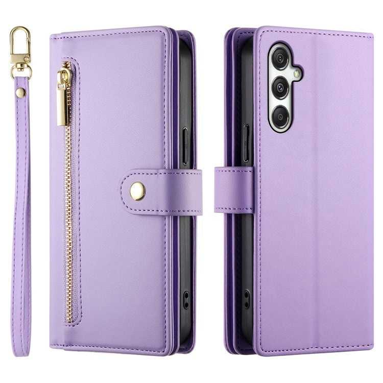 DF-011 For Samsung Galaxy M35 5G Case Zipper Pocket Wallet Leather Phone Cover with Straps - Purple