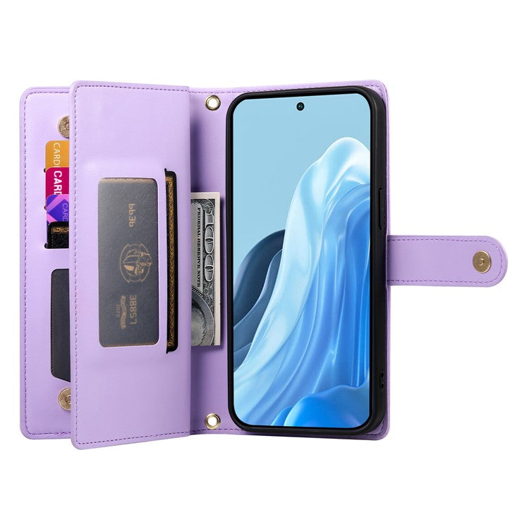 DF-011 For Samsung Galaxy M35 5G Case Zipper Pocket Wallet Leather Phone Cover with Straps - Purple