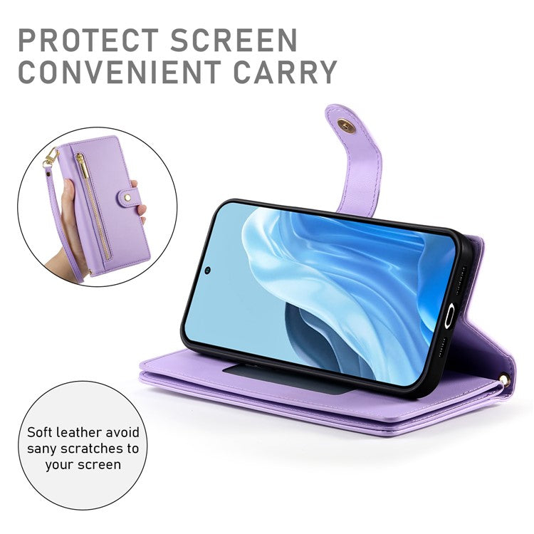 DF-011 For Samsung Galaxy M35 5G Case Zipper Pocket Wallet Leather Phone Cover with Straps - Purple
