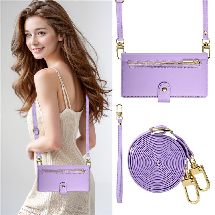 DF-011 For Samsung Galaxy M35 5G Case Zipper Pocket Wallet Leather Phone Cover with Straps - Purple
