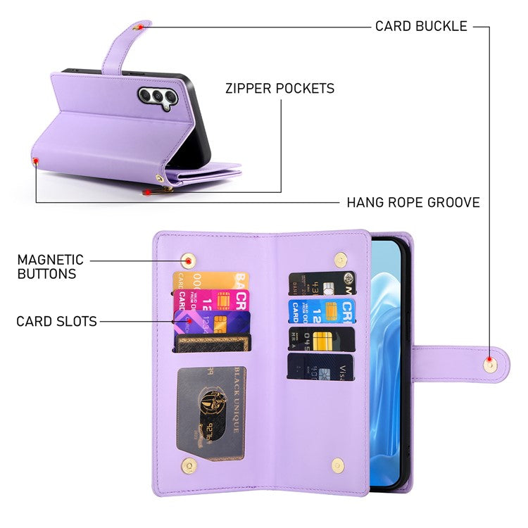 DF-011 For Samsung Galaxy M35 5G Case Zipper Pocket Wallet Leather Phone Cover with Straps - Purple