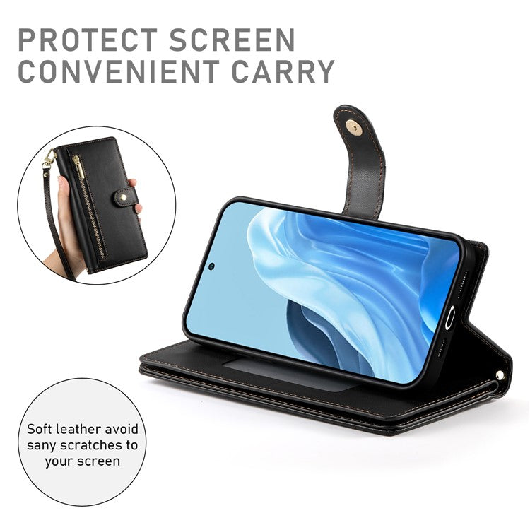 DF-011 For Samsung Galaxy M35 5G Case Zipper Pocket Wallet Leather Phone Cover with Straps - Black