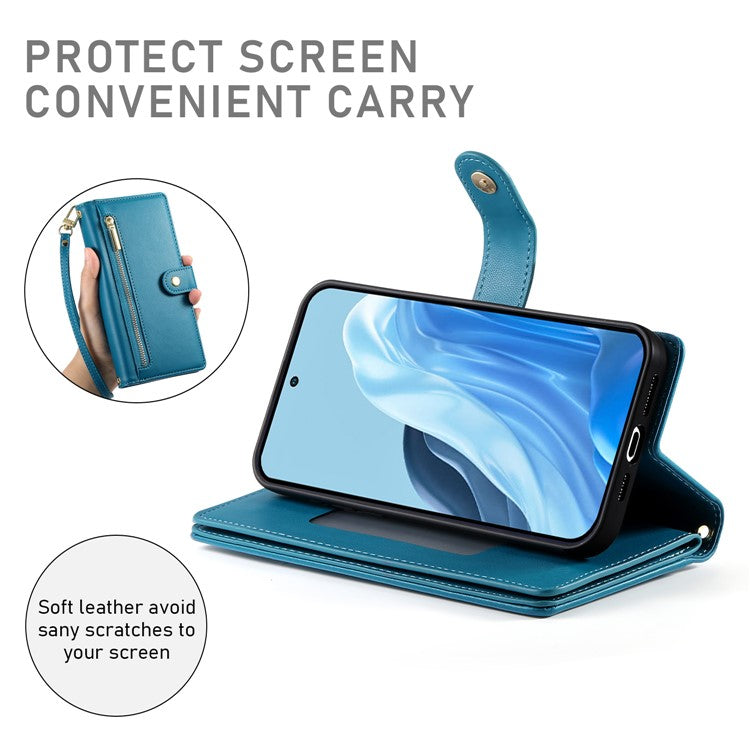 DF-011 For Samsung Galaxy M35 5G Case Zipper Pocket Wallet Leather Phone Cover with Straps - Blue