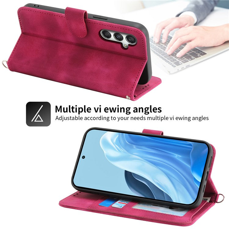 For Samsung Galaxy M35 5G Case Flower Pattern PU Leather Wallet Phone Cover with Strap - Wine Red