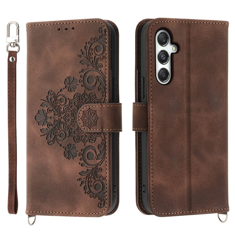 For Samsung Galaxy M35 5G Case Flower Pattern PU Leather Wallet Phone Cover with Strap - Brown