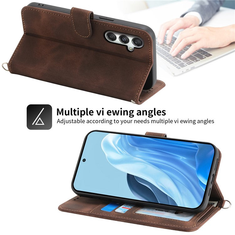 For Samsung Galaxy M35 5G Case Flower Pattern PU Leather Wallet Phone Cover with Strap - Brown