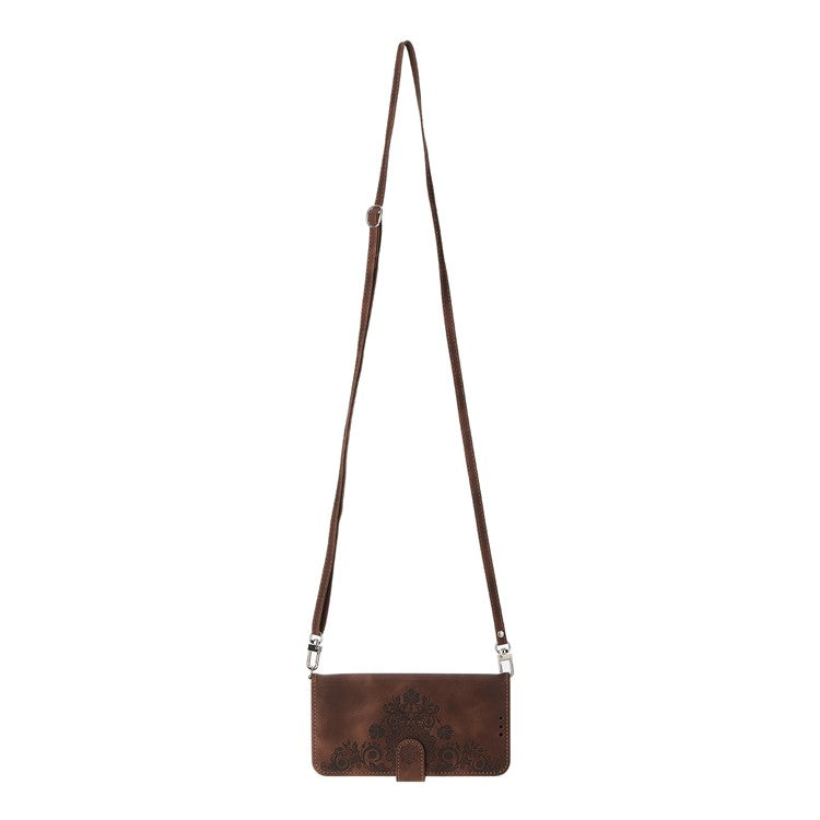 For Samsung Galaxy M35 5G Case Flower Pattern PU Leather Wallet Phone Cover with Strap - Brown
