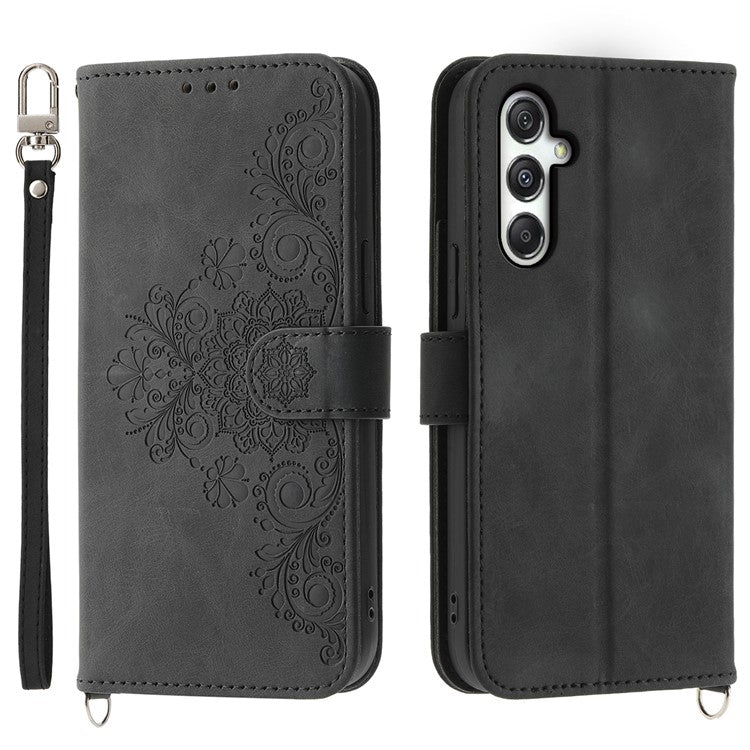 For Samsung Galaxy M35 5G Case Flower Pattern PU Leather Wallet Phone Cover with Strap - Black