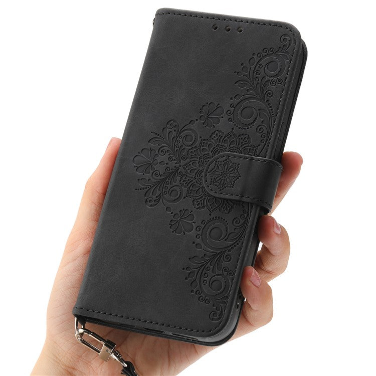 For Samsung Galaxy M35 5G Case Flower Pattern PU Leather Wallet Phone Cover with Strap - Black