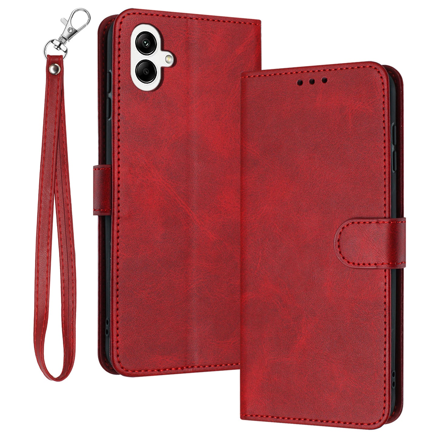 For Samsung Galaxy A06 Case Flip Stand PU Leather Wallet Phone Cover Calf Texture - Red