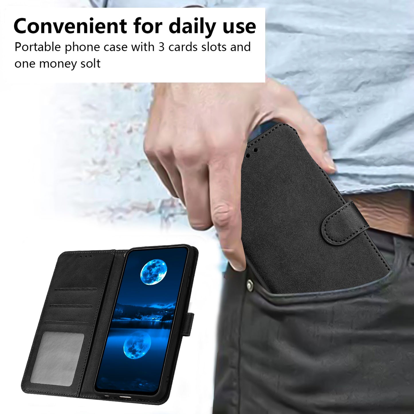 For Samsung Galaxy A06 Case Flip Stand PU Leather Wallet Phone Cover Calf Texture - Black