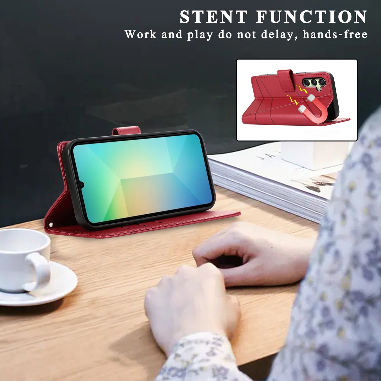 DF-06 For Samsung Galaxy A16 5G / A16 4G Phone Case Line Imprint Leather Wallet Cover - Red