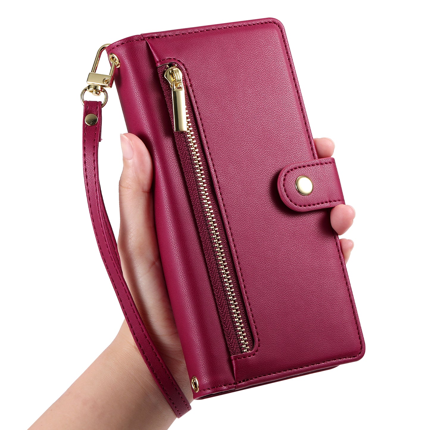DF-011 For Samsung Galaxy A16 5G / A16 4G Case Zipper Pocket Wallet Leather Phone Cover with Straps - Red