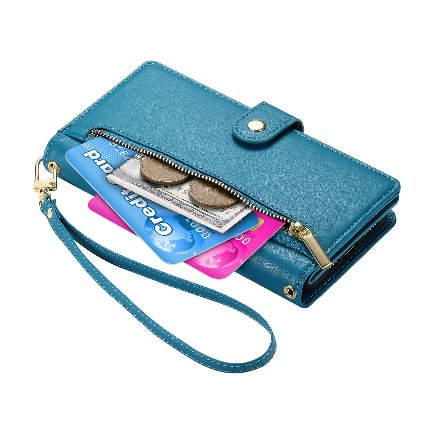 DF-011 For Samsung Galaxy A16 5G / A16 4G Case Zipper Pocket Wallet Leather Phone Cover with Straps - Blue